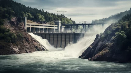 Foto op Canvas A large hydroelectric dam releasing water, showcasing renewable energy generation in a natural landscape setting. generative ai  © Mina Nida