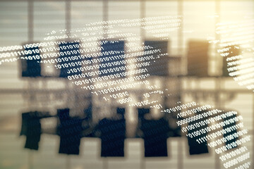 Virtual digital map of North America on a modern conference room background, international trading concept. Multiexposure