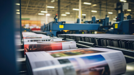 Freshly printed pages running through printing press
