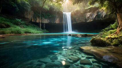 Forest Cascade: A serene jungle waterfall surrounded by lush greenery and rocks, creating a picturesque natural landscape with a flowing stream in a tropical paradise