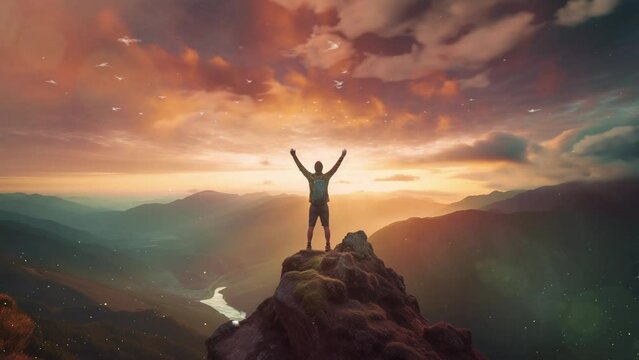 silhouette of a person feeling strong and empowered. person on the top of mountain. seamless looping overlay 4k virtual video animation background 