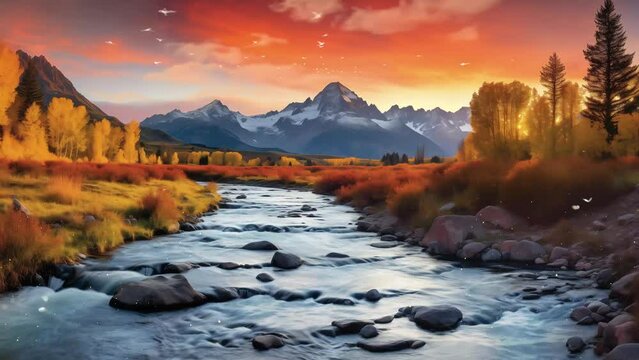streaming sun autumn sunrise. autumn in the mountains. seamless looping overlay 4k virtual video animation background 