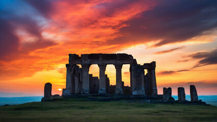 Fototapeta na wymiar Evening Silhouette: Ancient Roman Forum Amidst Urban Skyline with Sunset Glow and Castle Ruins