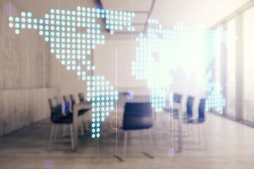 Abstract creative digital world map on a modern coworking room background, globalization concept. Multiexposure