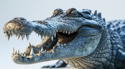 Obraz premium Close-up of crocodile head, open mouth, sharp teeth, textured skin, blue-gray color, wildlife, predatory gaze, clear detail