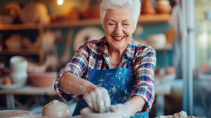 Senior Joy in Creativity: Elderly Woman Making Pottery in Artistic Workshop