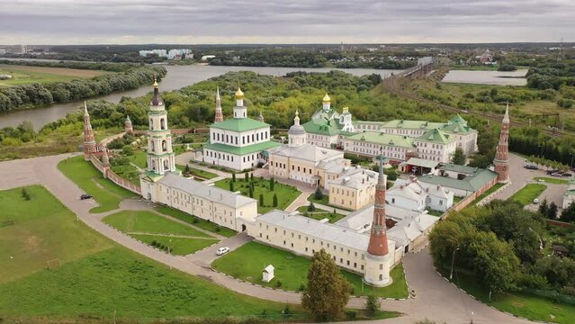Drone view of the Epiphany Staro-Golutvin Monastery, located in a picturesque place on the outskirts of the city of Kolomna, Russia.