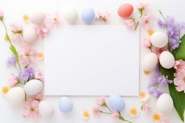 Naklejka na ściany i meble Colorful easter eggs and beautiful flower arranged around blank white invitation paper card. Happy easter day background concept with copyspace