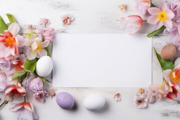 Naklejka na ściany i meble Colorful easter eggs and beautiful flower arranged around blank white invitation paper card. Happy easter day background concept with copyspace