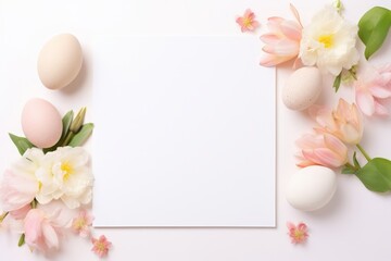 Colorful easter eggs and beautiful flower arranged around white background. Happy easter day background concept with white paper copyspace for writing