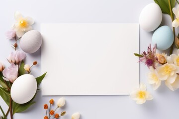 Naklejka na ściany i meble Colorful easter eggs and beautiful flower arranged around white background. Happy easter day background concept with white paper copyspace for writing