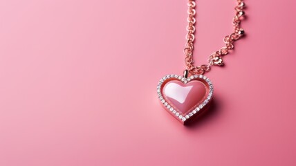 Pink love heart shaped necklace isolated on pink background. Happy valentines's day background concept.