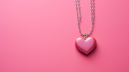 Pink love heart shaped necklace isolated on pink background. Happy valentines's day background concept.