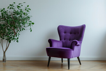 Purple velvet armchair and plant. Minimalist interior design