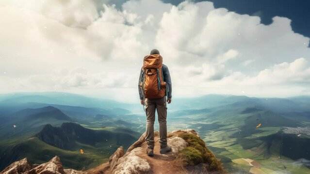 tourist man hiker on top of the mountain active life. seamless looping overlay 4k virtual video animation background 