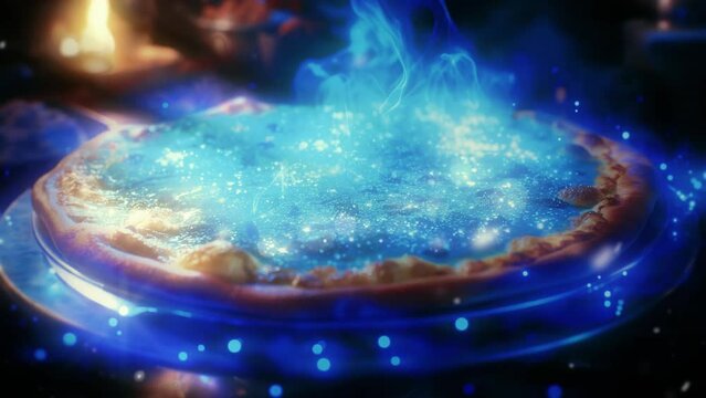 Close-up of blue magic pizza with futuristic style and artificial intelligence. Seamless looping video