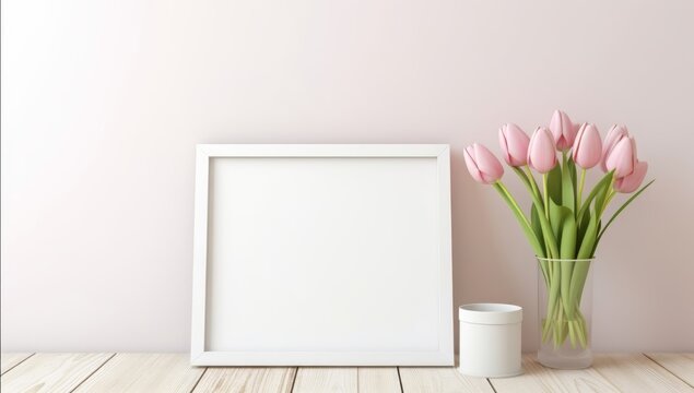Blank white photo frame mockup and pink tulips flower in the side on the wooden white floor. Photo frame mockup with white wall background