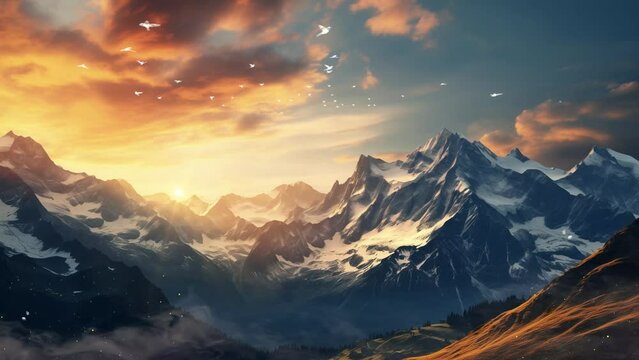 view of beautiful mountains at sunrise. sunrise in the mountains. seamless looping overlay 4k virtual video animation background 