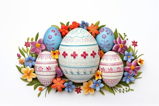 Colorful easter eggs and beautiful flower arranged and isolated on white background. Happy easter day draw painting background concept.