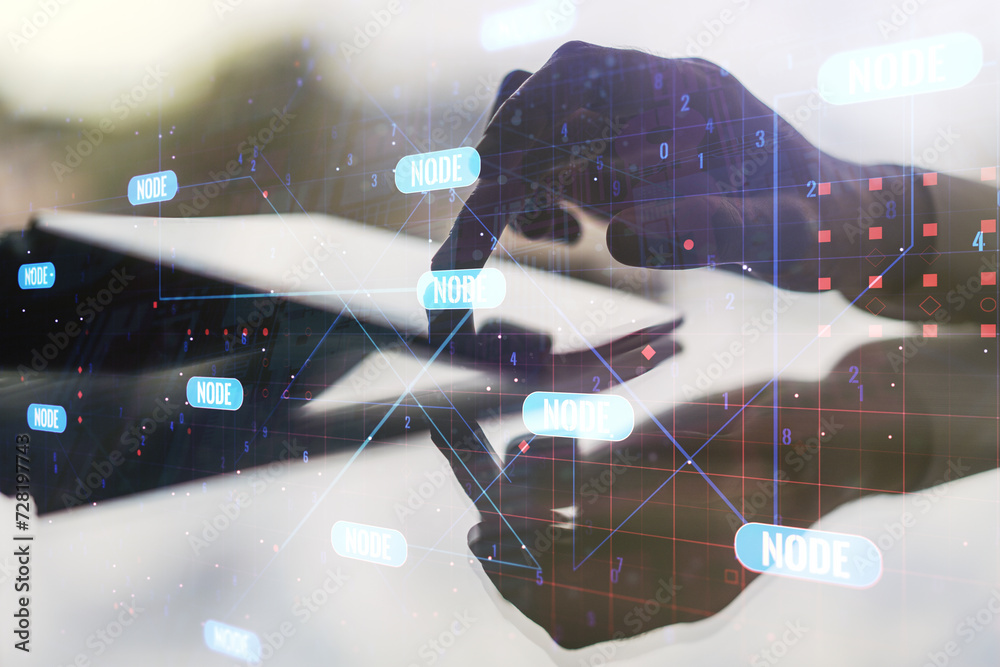 Leinwandbilder abstract creative coding concept with finger clicks on a digital tablet on background. multiexposure