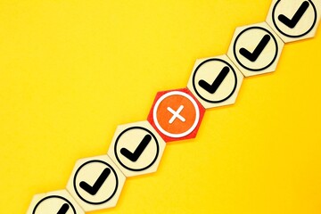 hexagons with right and wrong signs. Concept of positive or negative decision making or choice of...