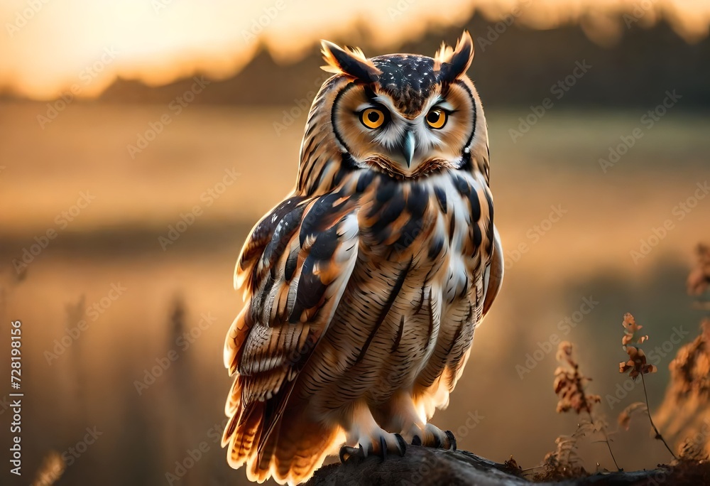 Poster great horned owl at sunset