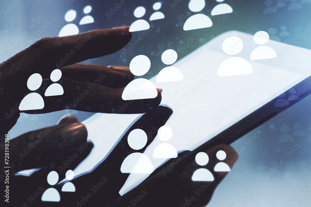 Poster double exposure of social network icons concept and hand working with a digital tablet on background