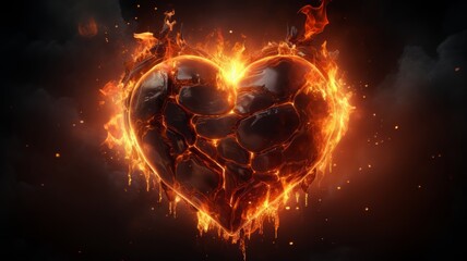 Fire flame heart love shaped isolated on the dark bakcground. Love design concept for Valentine's day, wedding and birthday