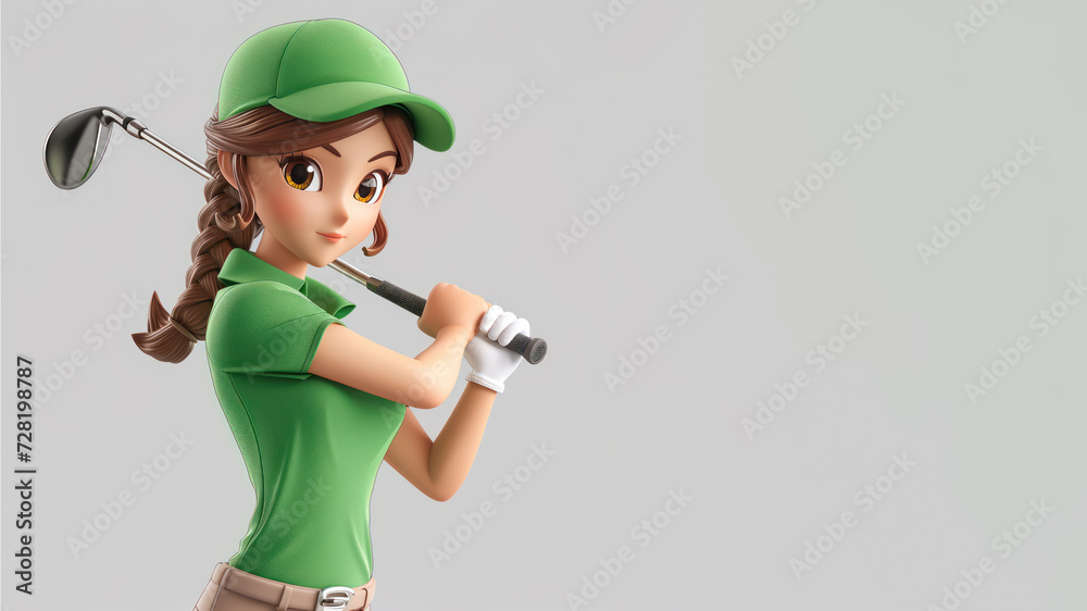 Wall mural A woman cartoon golf player in green jersey with a stick