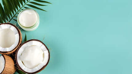 Obraz na płótnie Canvas Coconut with jars of coconut oil and cosmetic cream.