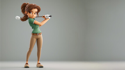 A woman cartoon golf player in green jersey with a stick