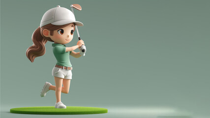 A woman cartoon golf player in green jersey with a stick