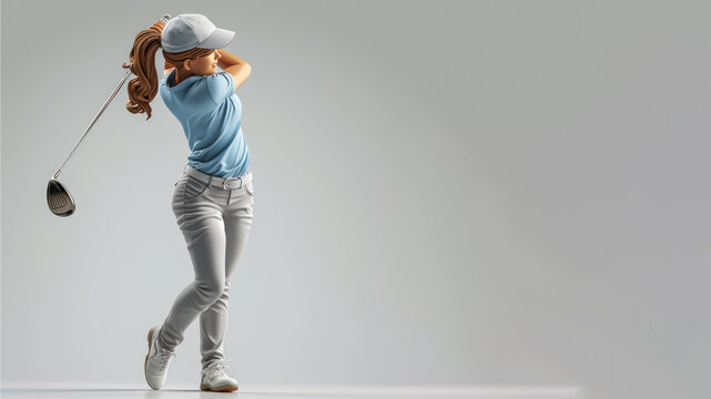 A woman cartoon golf player with a stick isolated on gray background