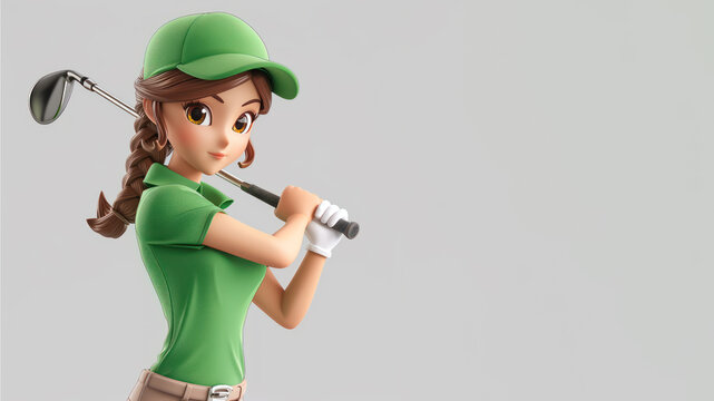 A woman cartoon golf player in green jersey with a stick