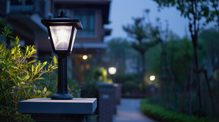 Solar LED Lamp Glowing in Evening Garden