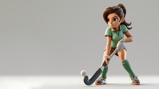 A woman cartoon field hockey player in green jersey with a stick