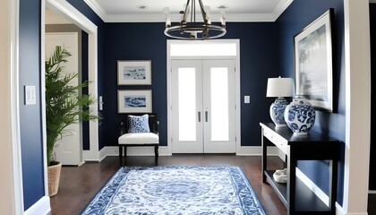 Foyer with Light Bright Interior with Blue and White Decor