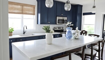Kitchen with Light Bright Interior with Blue and White Decor