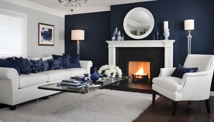 Beautiful blue and white decor in elegant formal living room