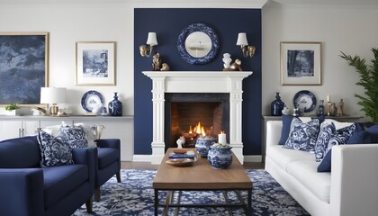 Fototapeta premium Beautiful blue and white decor in elegant formal living room