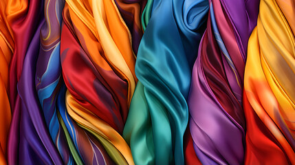 Collection of bright colorful silk different textiles.