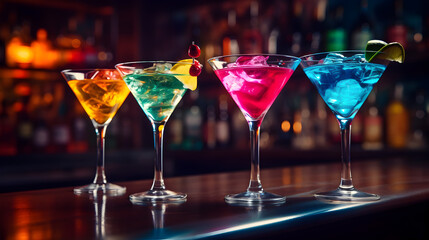 Colored alcoholic cocktails in glass on the bar counter