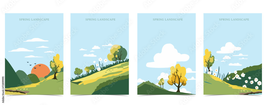 Poster spring landscape background with mountain and tree editable vector illustration for postcard,a4 vert
