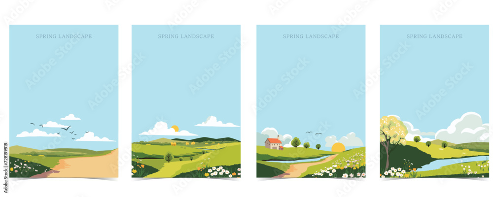 Wall mural spring landscape background with mountain and tree editable vector illustration for postcard,a4 vert