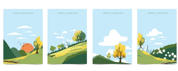 Gordijnen Spring landscape background with mountain and tree Editable vector illustration for postcard,a4 vertical size © piixypeach