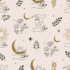 mystic seamless pattern illustration design with hand and crystal