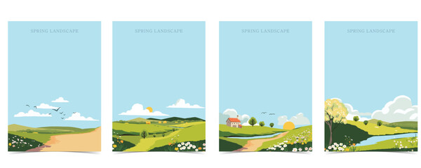 Spring landscape background with mountain and tree Editable vector illustration for postcard,a4 vertical size - obrazy, fototapety, plakaty
