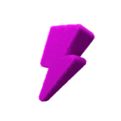 pink fluffy, fuzzy, hairy 3d lightning bolt object on transparent background
