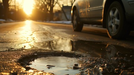 Sunset Reflections on Urban Street with Water-Filled Pothole and Passing Car Infrastructure issue in city