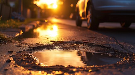 City Life and Infrastructure: Reflective Pothole on Wet Asphalt at Dusk - obrazy, fototapety, plakaty